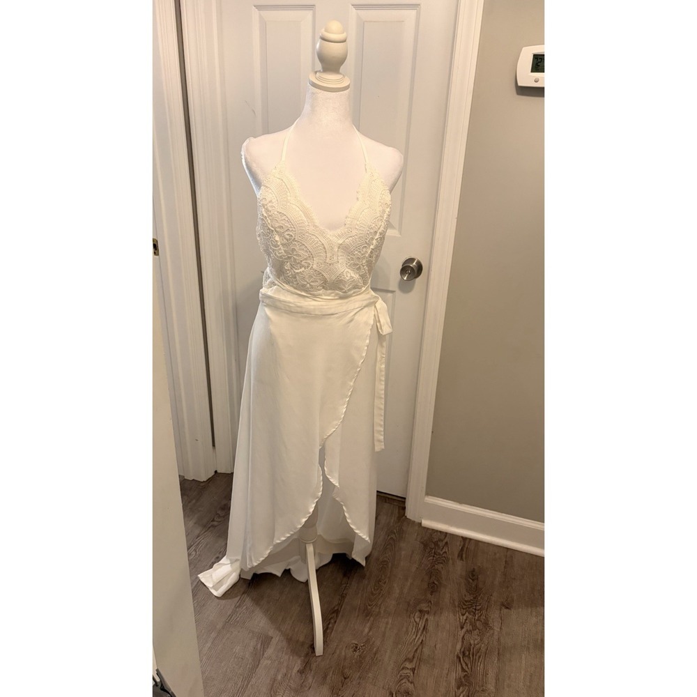 Luxxel White Halter Lace High-Low Wedding Gown Faux Wrap Maxi Dress - L Beach